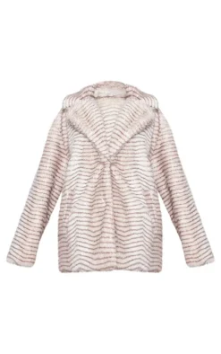 Cream Stripe Faux Fur Collar Detail Coat