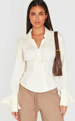 Cream Striped Asymmetric Cinched Shirt