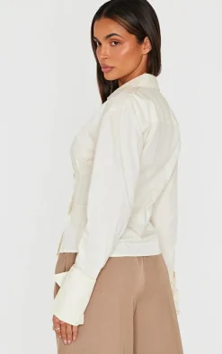 Cream Striped Asymmetric Cinched Shirt