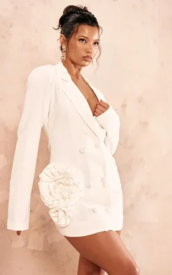 Cream Tailored Rose Trim Detail Blazer Dress