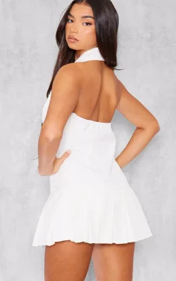 Cream Tailored Woven Halter Neck Pleated Skort Romper