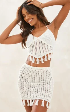 Cream Tassel Crochet Low Waist Mini Skirt