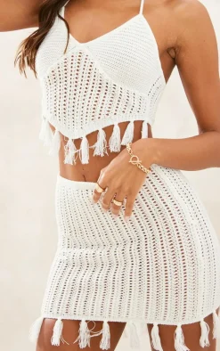 Cream Tassel Crochet Low Waist Mini Skirt