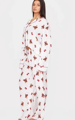 Cream Teddy Print Crinkle Long Pj Set