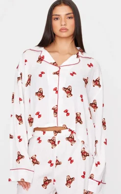 Cream Teddy Print Crinkle Long Pj Set