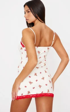 Cream Teddy Print Lace Trim Cami Nightie