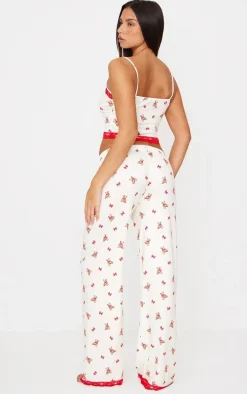 Cream Teddy Print Lace Trim Cami Long Pj Set