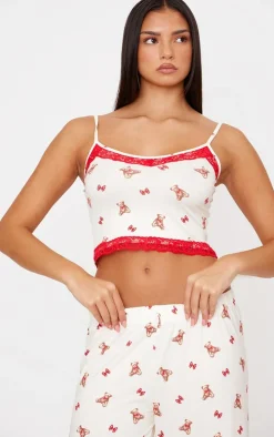 Cream Teddy Print Lace Trim Cami Long Pj Set
