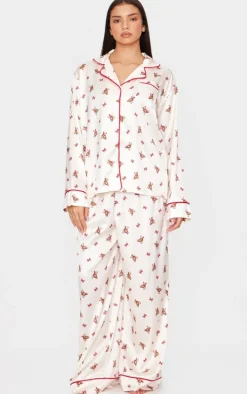 Cream Teddy Print Satin Long Pj Set