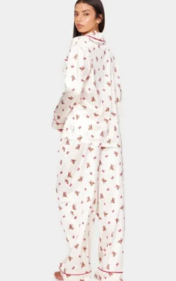 Cream Teddy Print Satin Long Pj Set