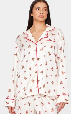 Cream Teddy Print Satin Long Pj Set
