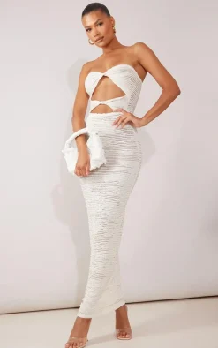Cream Textured Bandeau Twist Cut Out Maxi Dress