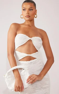 Cream Textured Bandeau Twist Cut Out Maxi Dress
