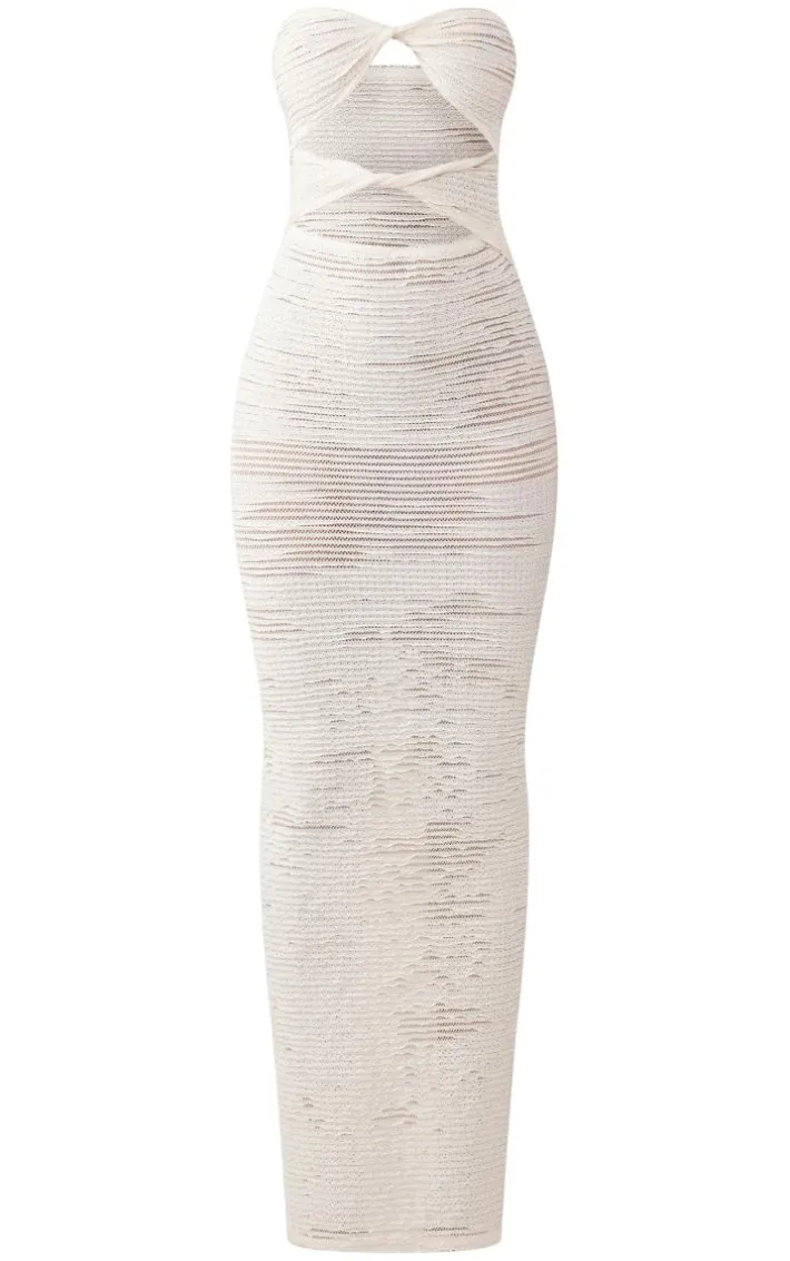 Cream Textured Bandeau Twist Cut Out Maxi Dress