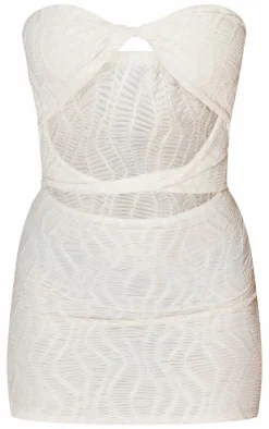 Cream Textured Bandeau Twist Detail Cut Out Bodycon Dress