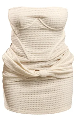 Cream Textured Bandeau Underwired Knot Drape Bodycon Dress