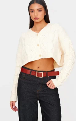 Cream Textured Cable Knit Cropped Cardigan