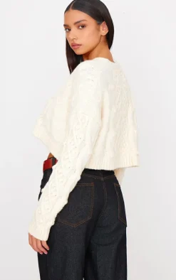 Cream Textured Cable Knit Cropped Cardigan