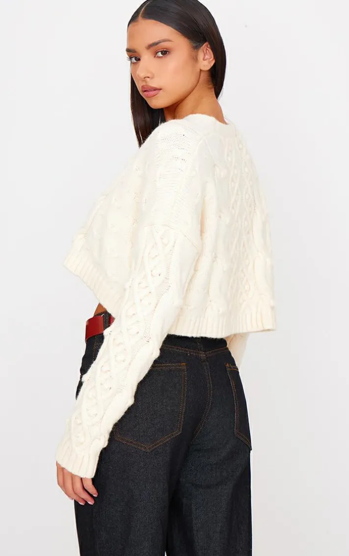 Cream Textured Cable Knit Cropped Cardigan