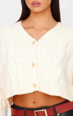 Cream Textured Cable Knit Cropped Cardigan