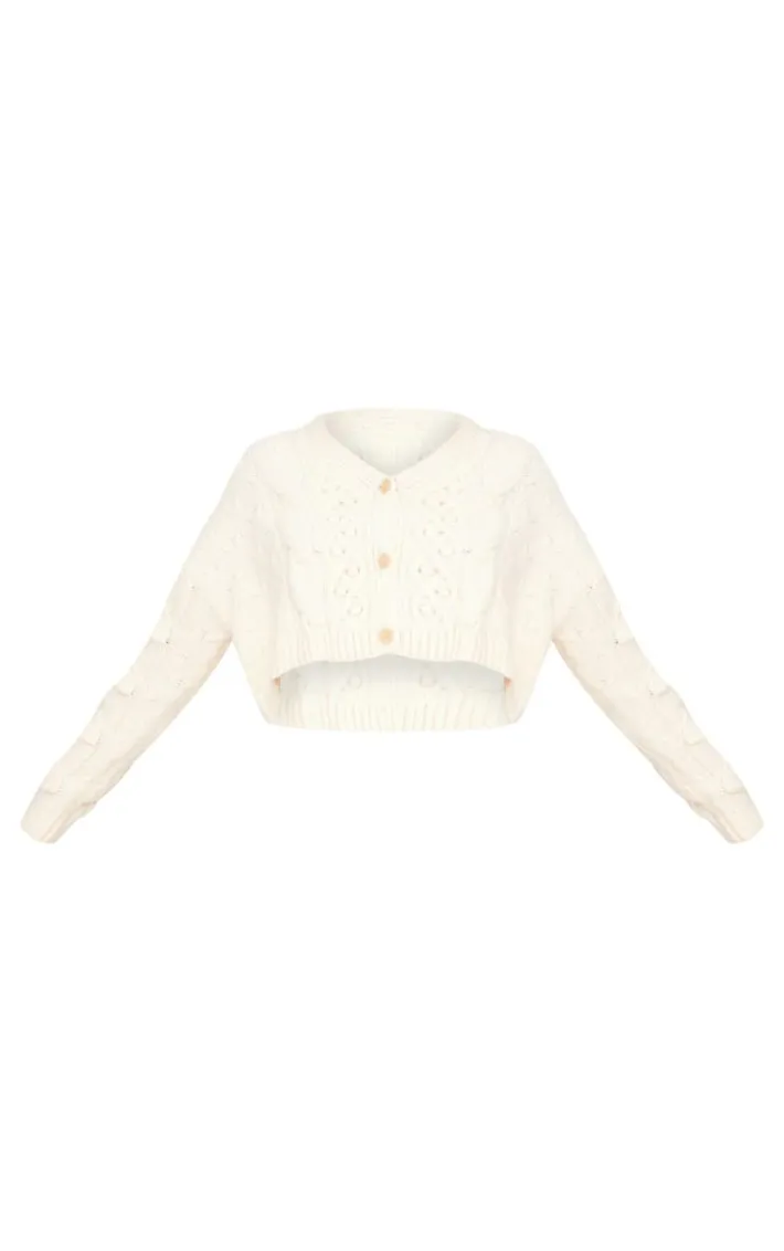 Cream Textured Cable Knit Cropped Cardigan