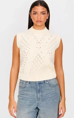 Cream Textured Cable Knit Sweater Vest