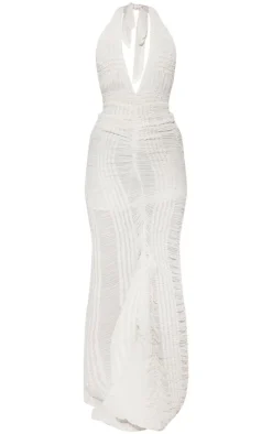 Cream Textured Chiffon Halterneck Maxi Dress