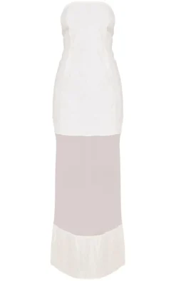 Cream Textured Chiffon Mesh Detail Bandeau Maxi Dress