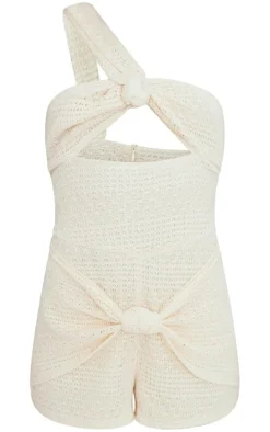 Cream Textured Crochet Knot Detail Halter Romper
