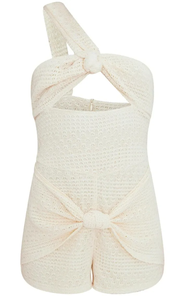 Cream Textured Crochet Knot Detail Halter Romper
