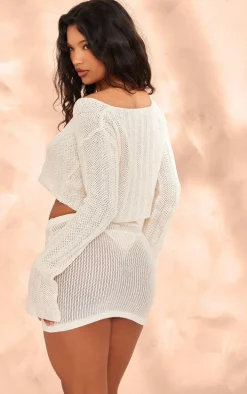 Cream Textured Crochet Knit Button Up Cardigan