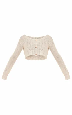 Cream Textured Crochet Knit Button Up Cardigan