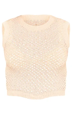 Cream Textured Crochet Tie Detail Racer Neck Top