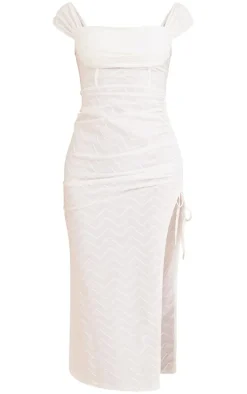 Cream Textured Cup Detail Ruched Bardot Midi Dress