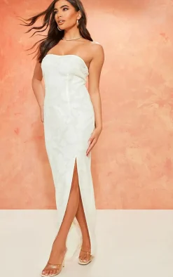 Cream Textured Floral Bandeau Maxi Dress