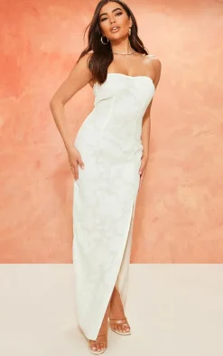 Cream Textured Floral Bandeau Maxi Dress