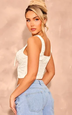 Cream Textured Lace Up Ruched Straps Corset