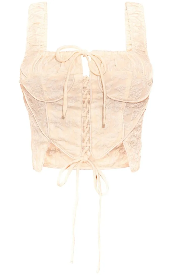 Cream Textured Lace Up Ruched Straps Corset