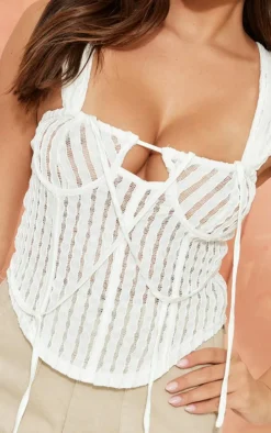 Cream Textured Longline Binding Dipped Hem Corset