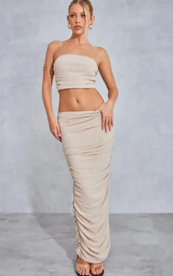 Cream Textured Mesh Ruched Low Rise Midaxi Skirt