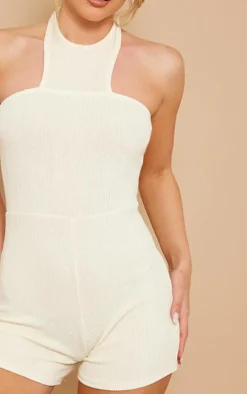 Cream Textured Rib High Neck Halter Unitard