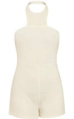 Cream Textured Rib High Neck Halter Unitard