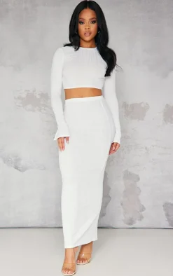 Cream Textured Rib Low Rise Midi Skirt