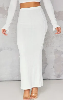 Cream Textured Rib Low Rise Midi Skirt