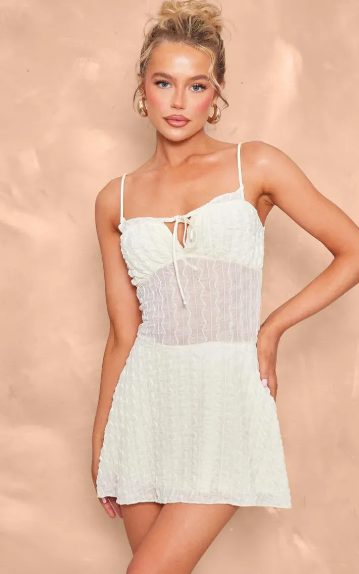 Cream Textured Ruched Tie Shift Dress