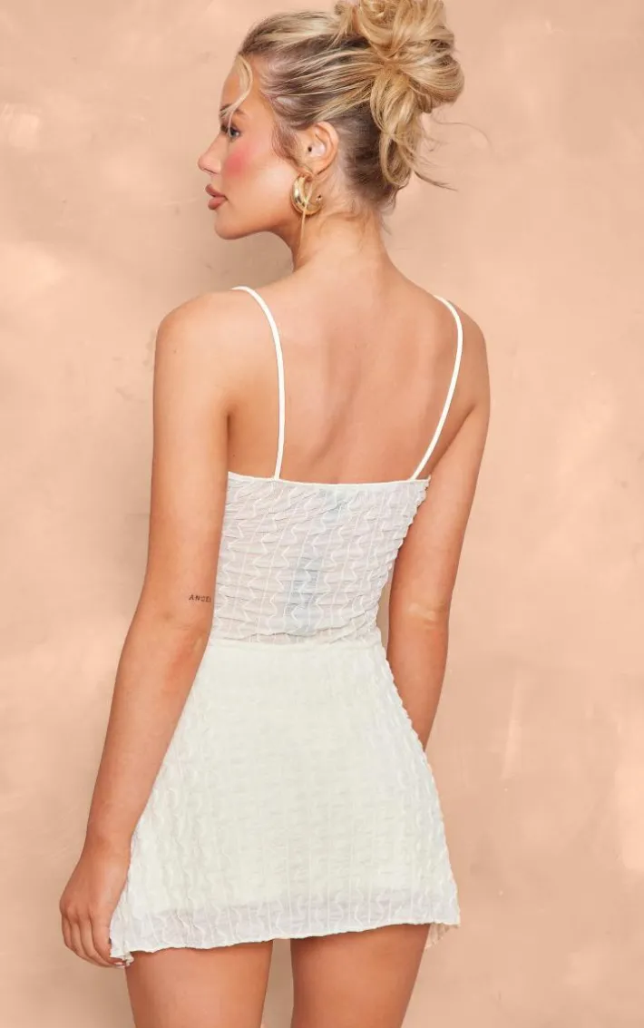 Cream Textured Ruched Tie Shift Dress