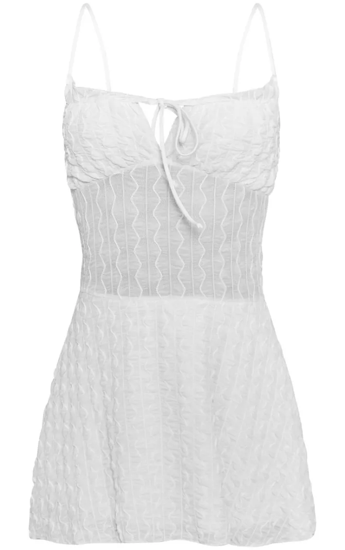 Cream Textured Ruched Tie Shift Dress