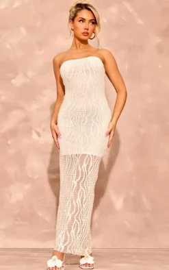 Cream Textured Sheer Jersey Bandeau Maxi Dress