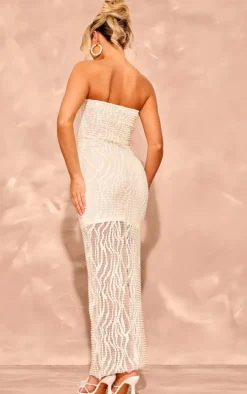 Cream Textured Sheer Jersey Bandeau Maxi Dress