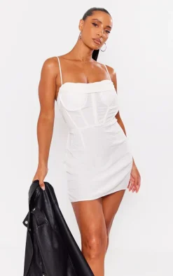 Cream Textured Stripe Corset Cowl Bodycon Dress